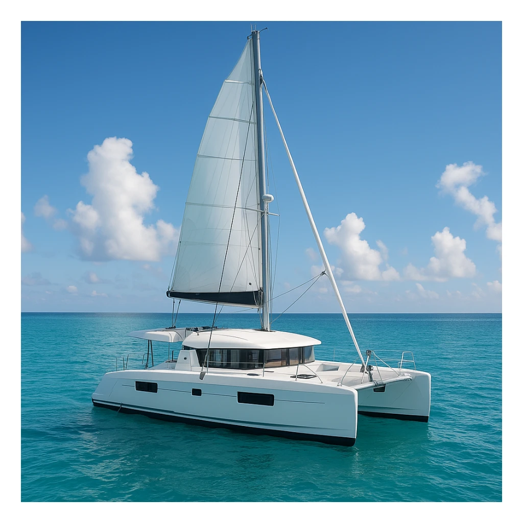 a lagoon 42 catamaran with no wording on the boat  sticker