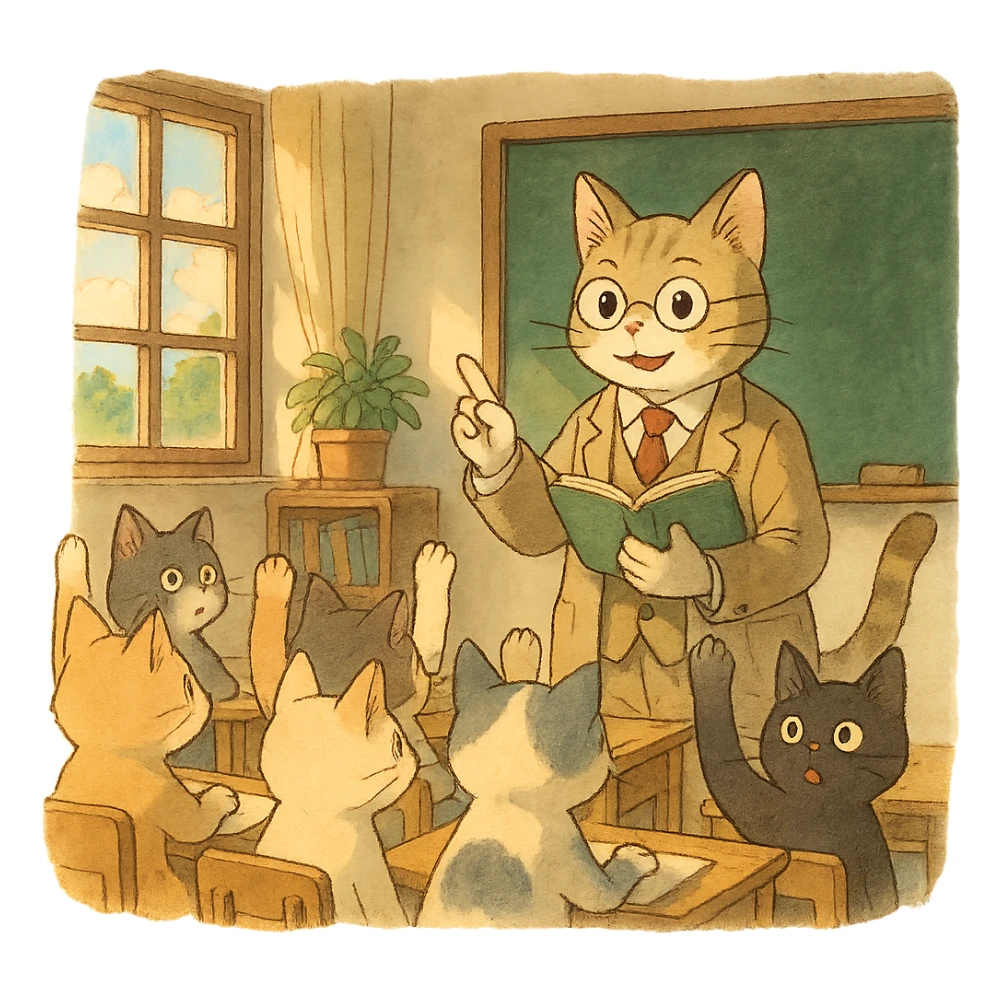 cat teacher asking questions to student cats, students raising hands, classroom atmosphere, warm and friendly scene, ghibli style sticker