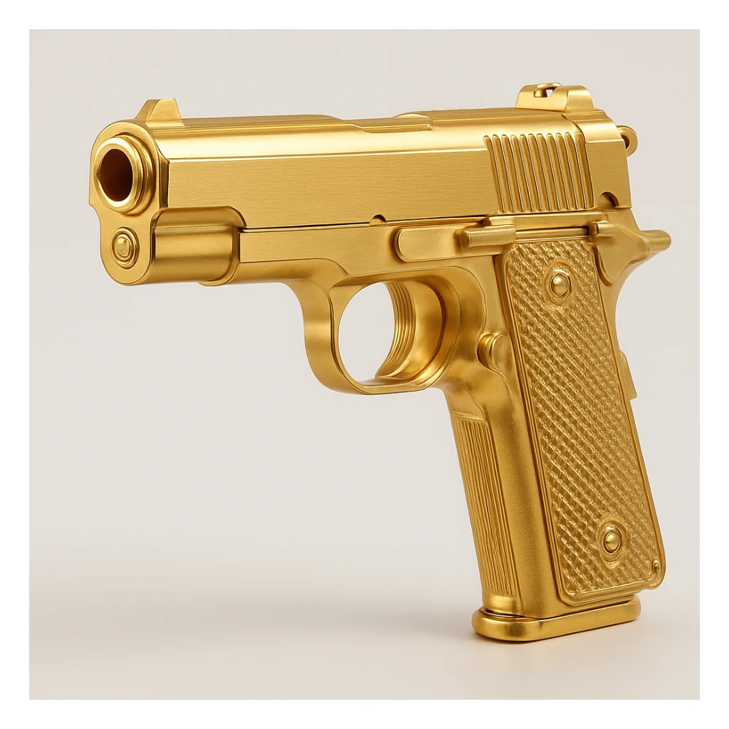 a golden gun, ornate and reflective, in gold objects style sticker