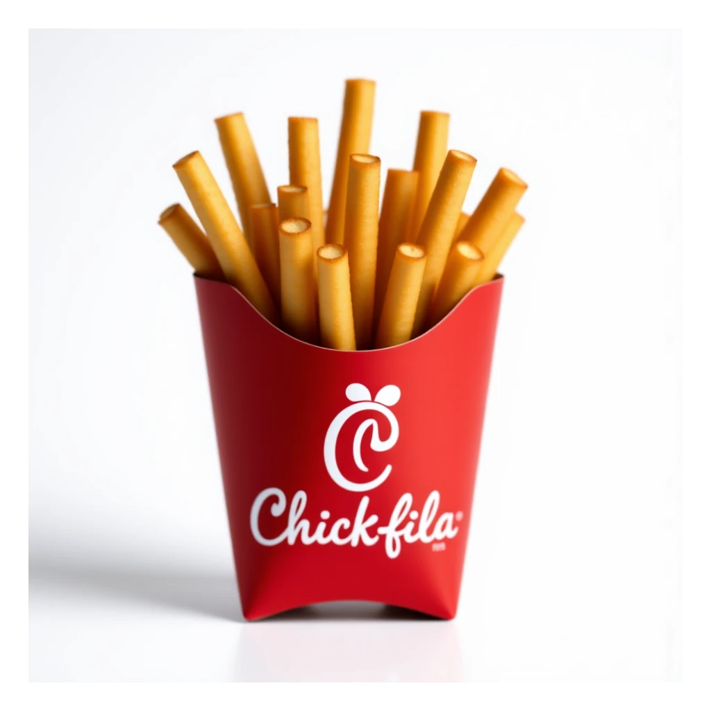 realistic, appetizing Chick-fil-A style waffle fries in a branded red box, isolated on white background sticker