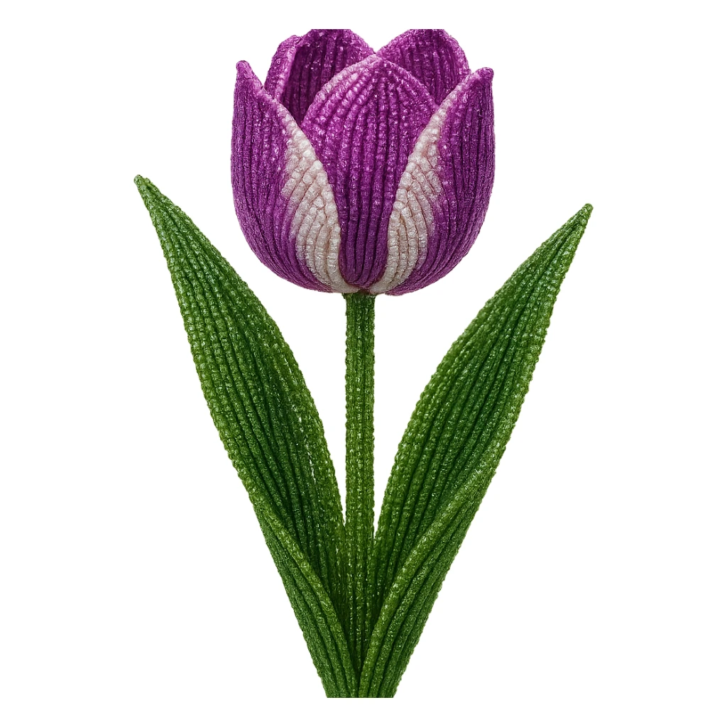 french beaded tulip, beaded flower art, shimmering seed beads, purple and white petals, green leaves, lifelike, no background sticker