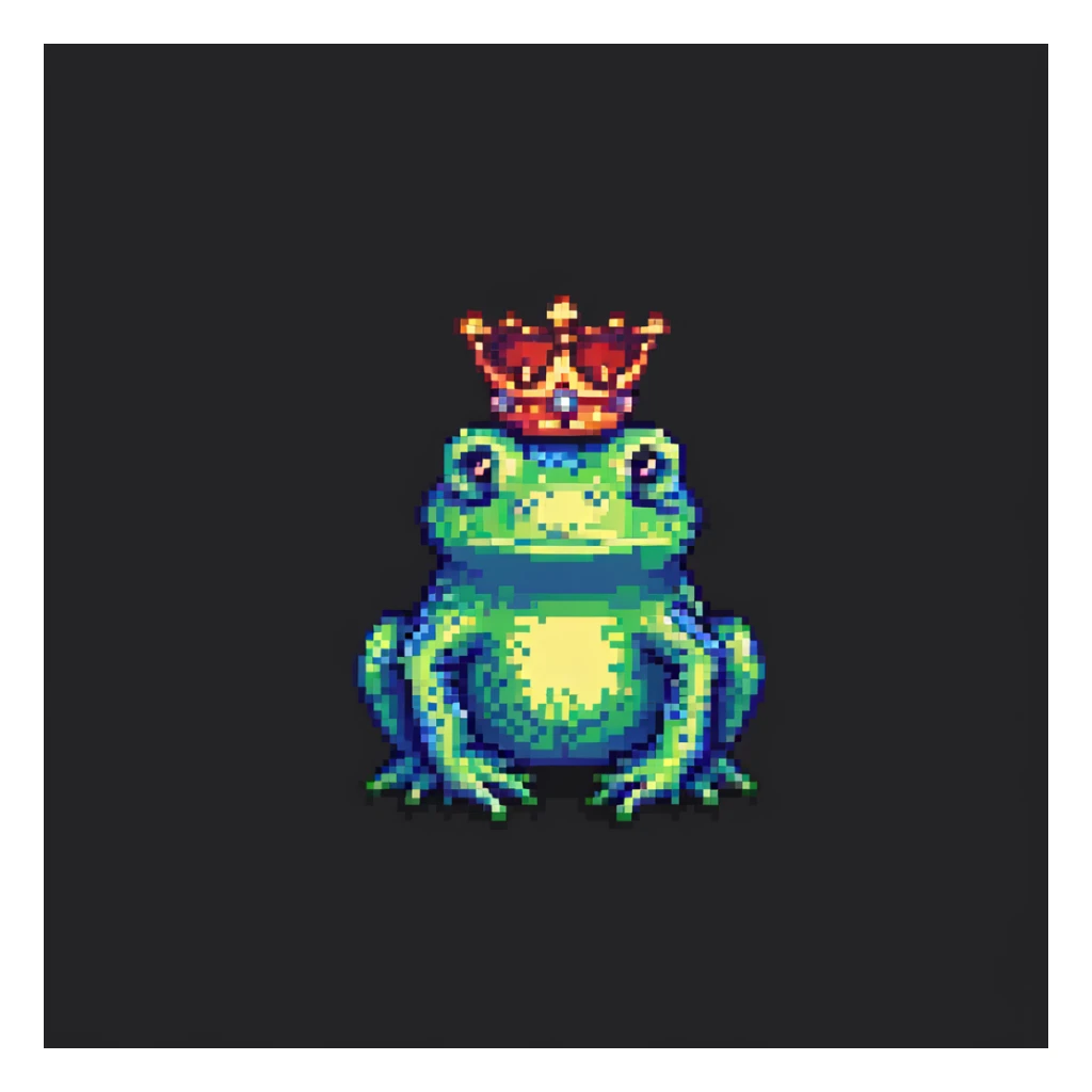 pixel art crowned frog side view, small crown, retro game style sticker