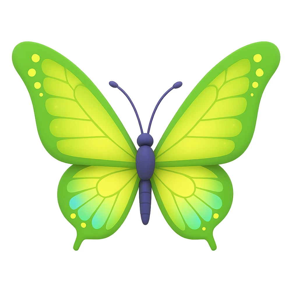 Change only the butterfly wings' color to a bright green #c0ff53. Keep all other details, effects, and the transparent background exactly as in the original design. sticker