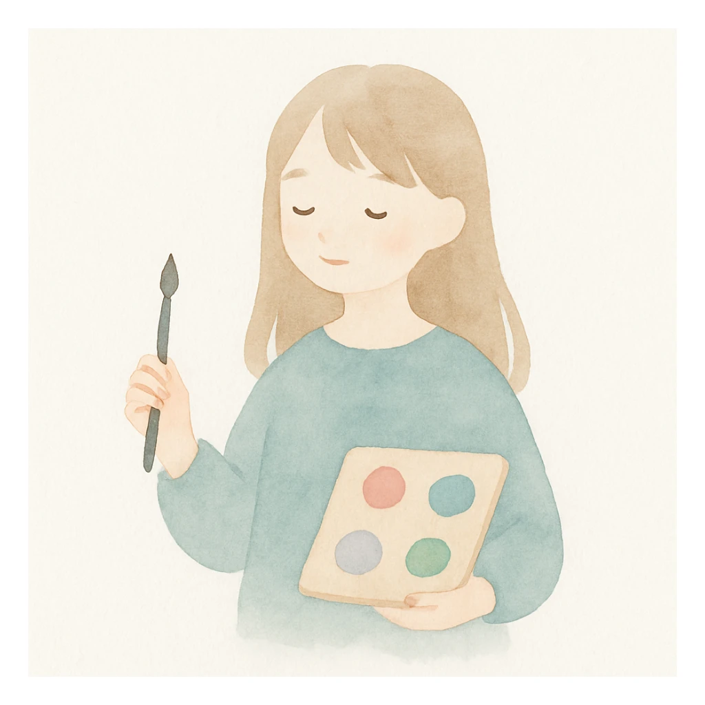 jeune artiste aux cheveux longs, mignon, style aquarelle délicate sticker