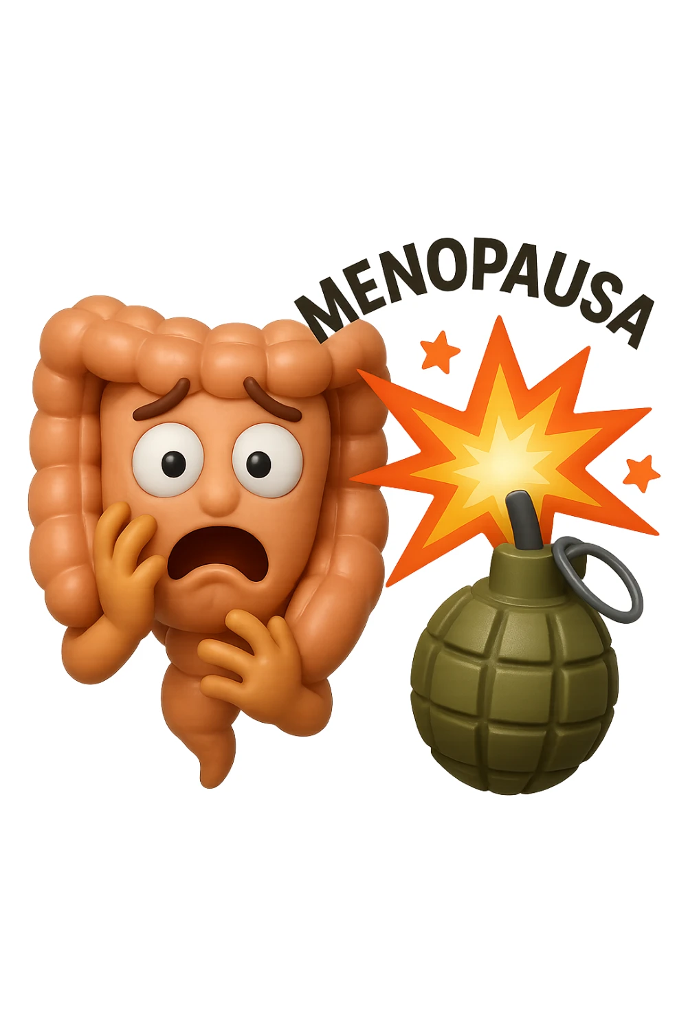 EMOJI STILE IPHONE 3D DI INTESTINO 3D CON ESPRESSIONE SPAVENTATA IN VOLTO MENTRE ACCANTO A LUI SCOPPIA UNA GRANATA 3D CON LA SCRITTA "MENOPAUSA" SOPRA, FAGLI ANCHE LA PARTE BIANCA DEGLI OCCHI, NON SOLO LA PUPILLA sticker