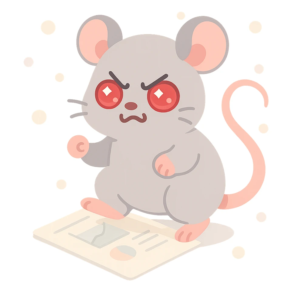 An angry lab rat with red glowing eyes, fur on end, stepping on a scientific report, gray fur, detailed claws, cartoon style with dynamic pose. sticker