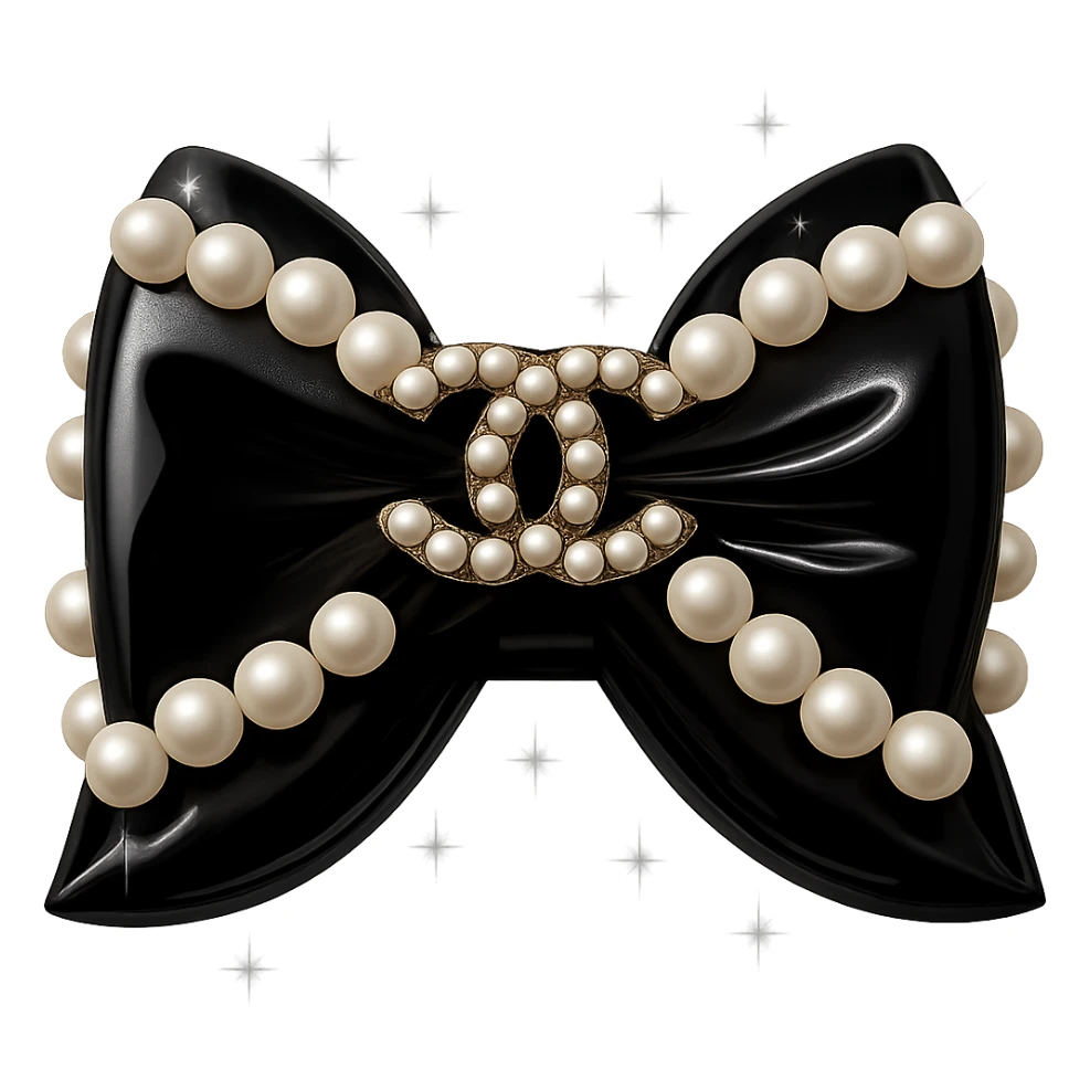Add a solid white background behind the elegant bow with pearls and gold Chanel logo, sparkling effects, glossy, monochrome, realistic style. sticker