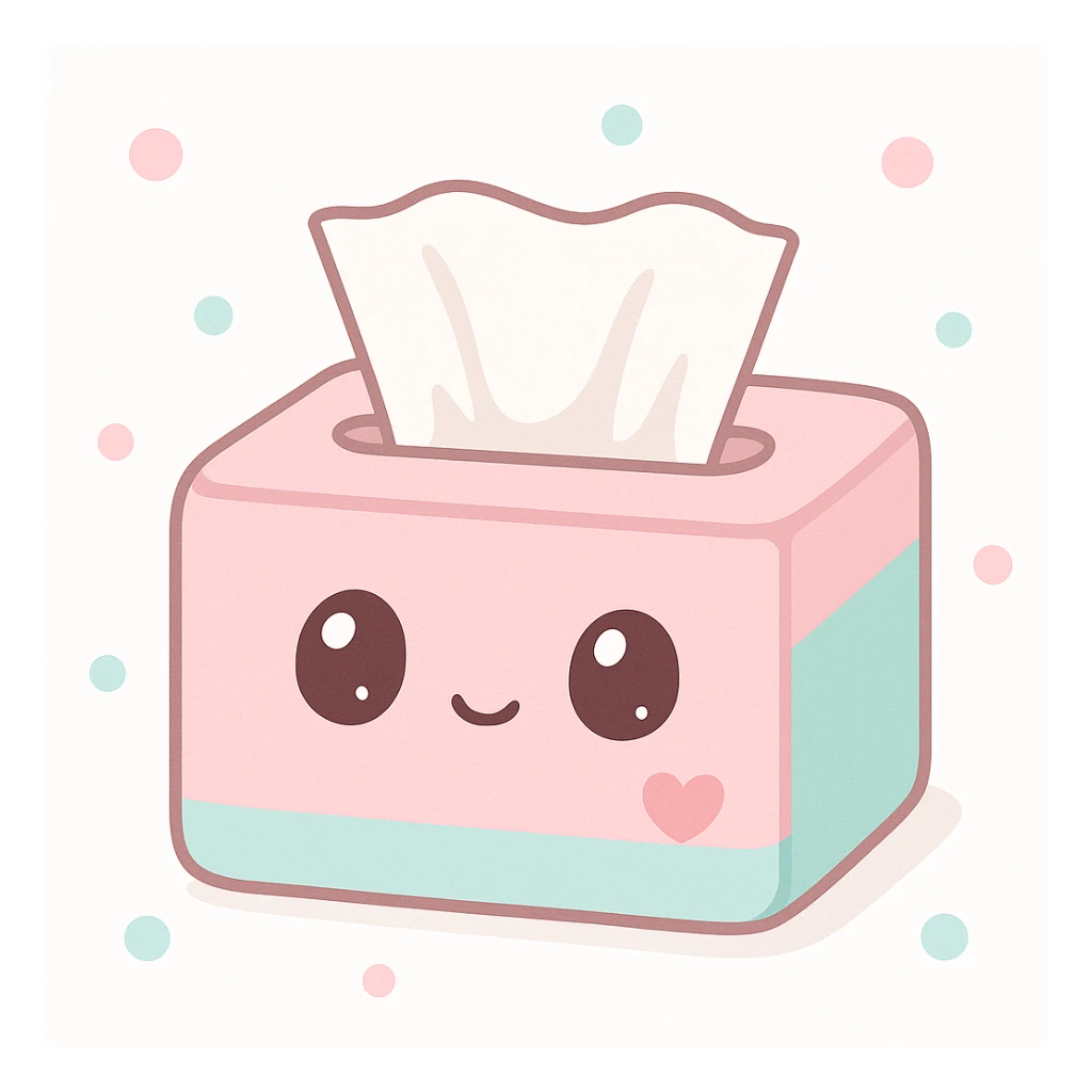a tissue box with a small heart and a tissue ready to wipe away tears, soft pastel colors, gentle and comforting sticker