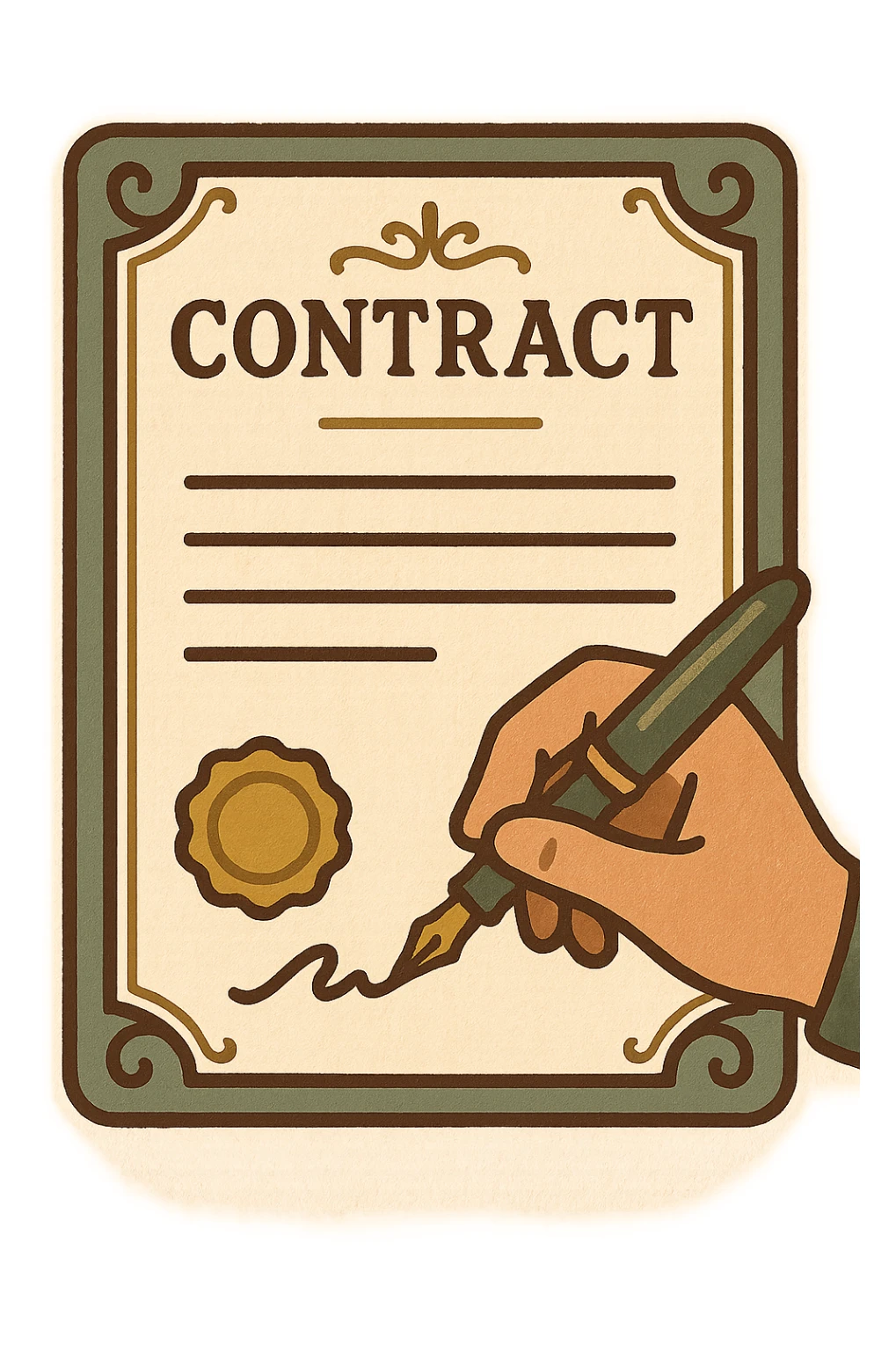 contract document, classic look, green gold and white color scheme, elegant lines, decorative details, no background sticker