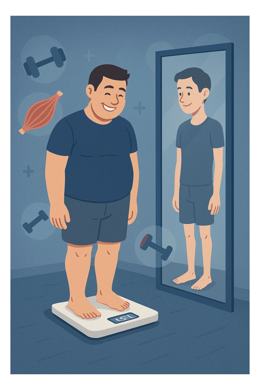 a man stands on a scale, smiling at the lower number, but his reflection in a nearby mirror shows a thinner, but also visibly weaker and less muscular body. Around him, floating icons or faded images of muscle fibers and dumbbells highlight the overlooked loss of muscle mass. The mood is cautionary and educational. in italiano sticker