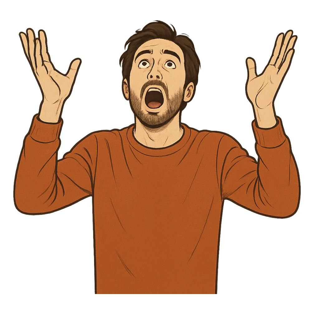 character raising hands to the sky, looking upwards, with an 'oh my god!' expression on the face sticker