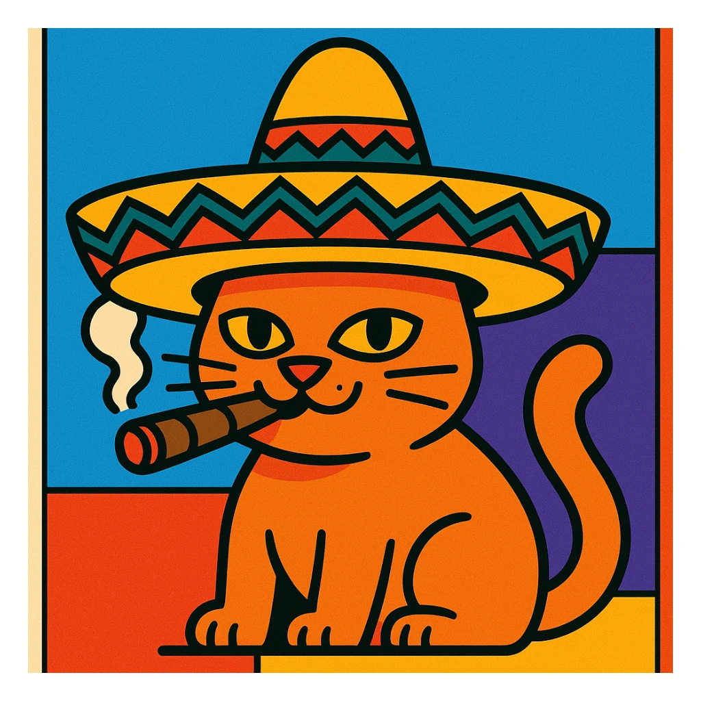 gato con sombrero y un puro, estilo cartoon colorido sticker