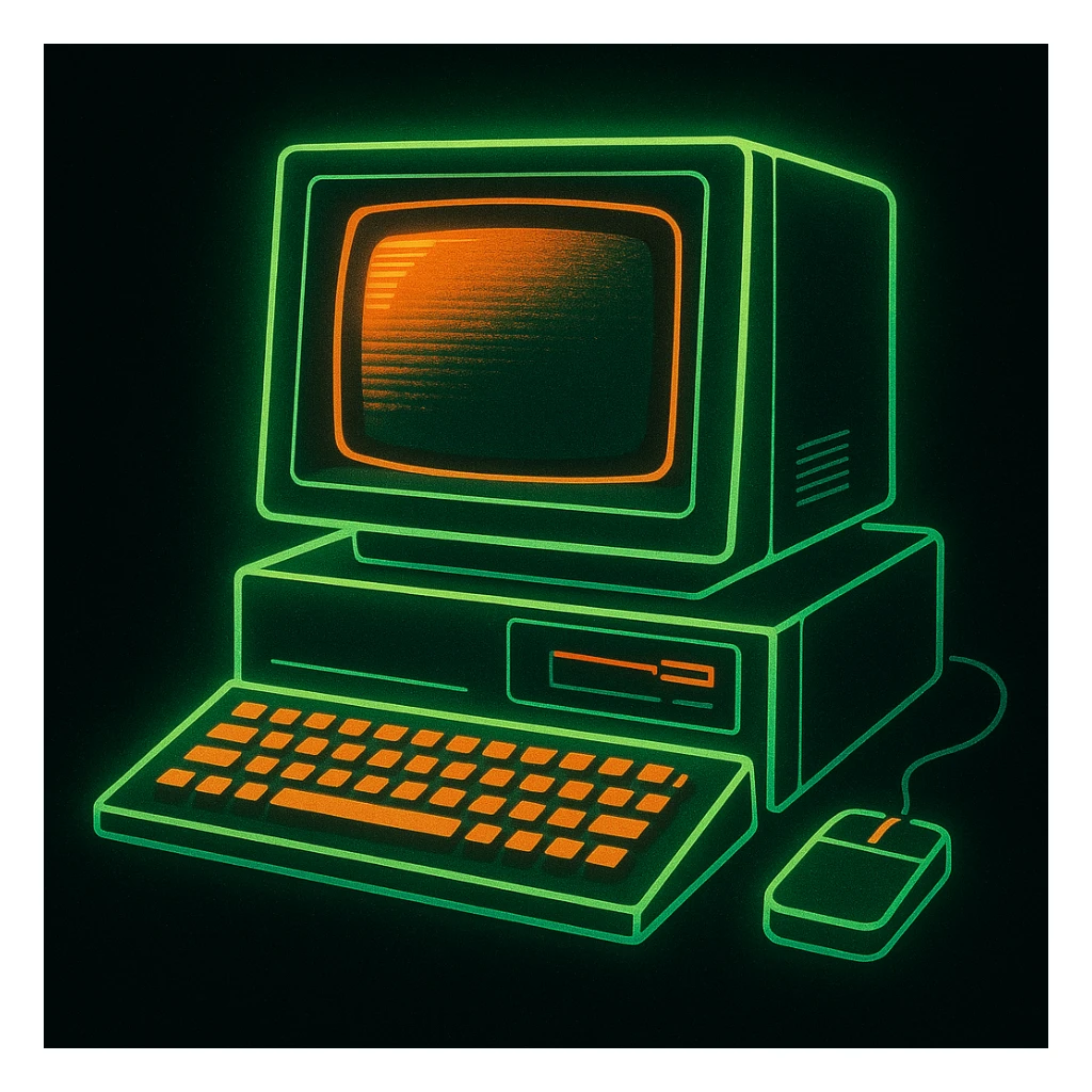 thumbnail of a computer, green and orange colors, black background, digital style sticker