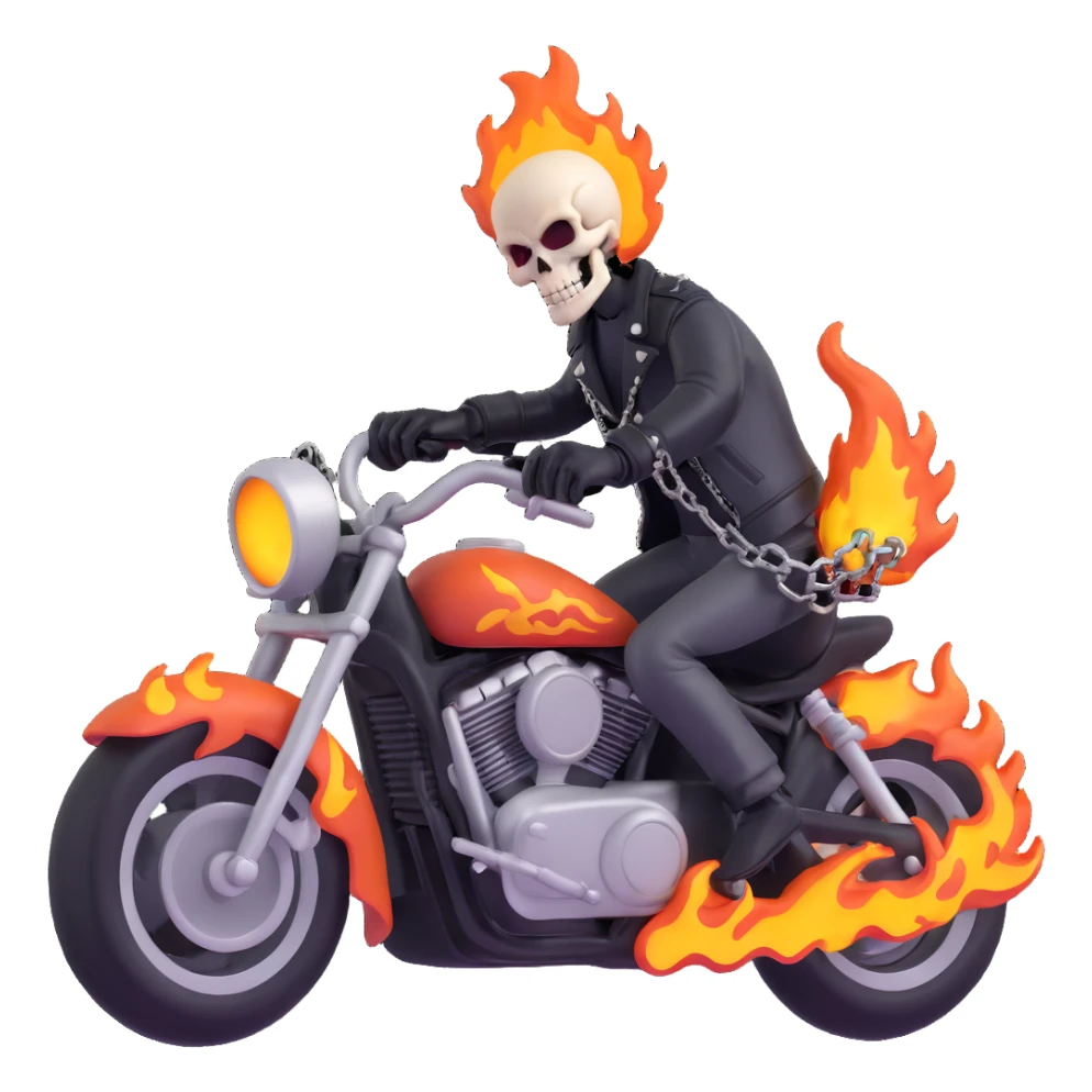 Ghost Rider with flaming skull, leather jacket, motorcycle chains, dramatic pose, 3D style sticker