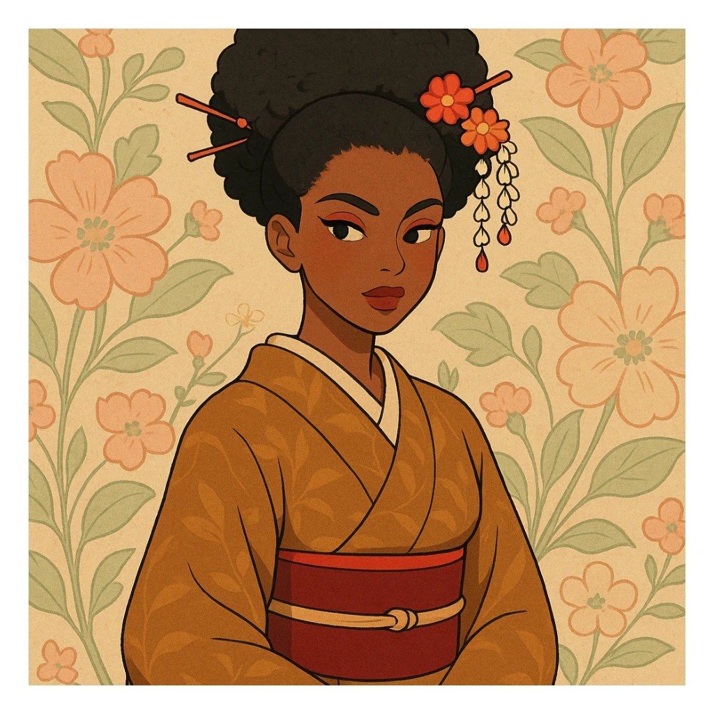 brown-skinned geisha inspired by the reference image, modern afro hairstyle with hair ornaments, elegant kimono, confident pose, bold makeup, floral background, stylized illustration sticker