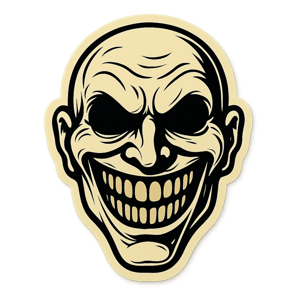 creepy scary face with wide smile, retro stickers style, sharp black outlines, simple but detailed drawing, clear shadows and highlights, no gradients sticker