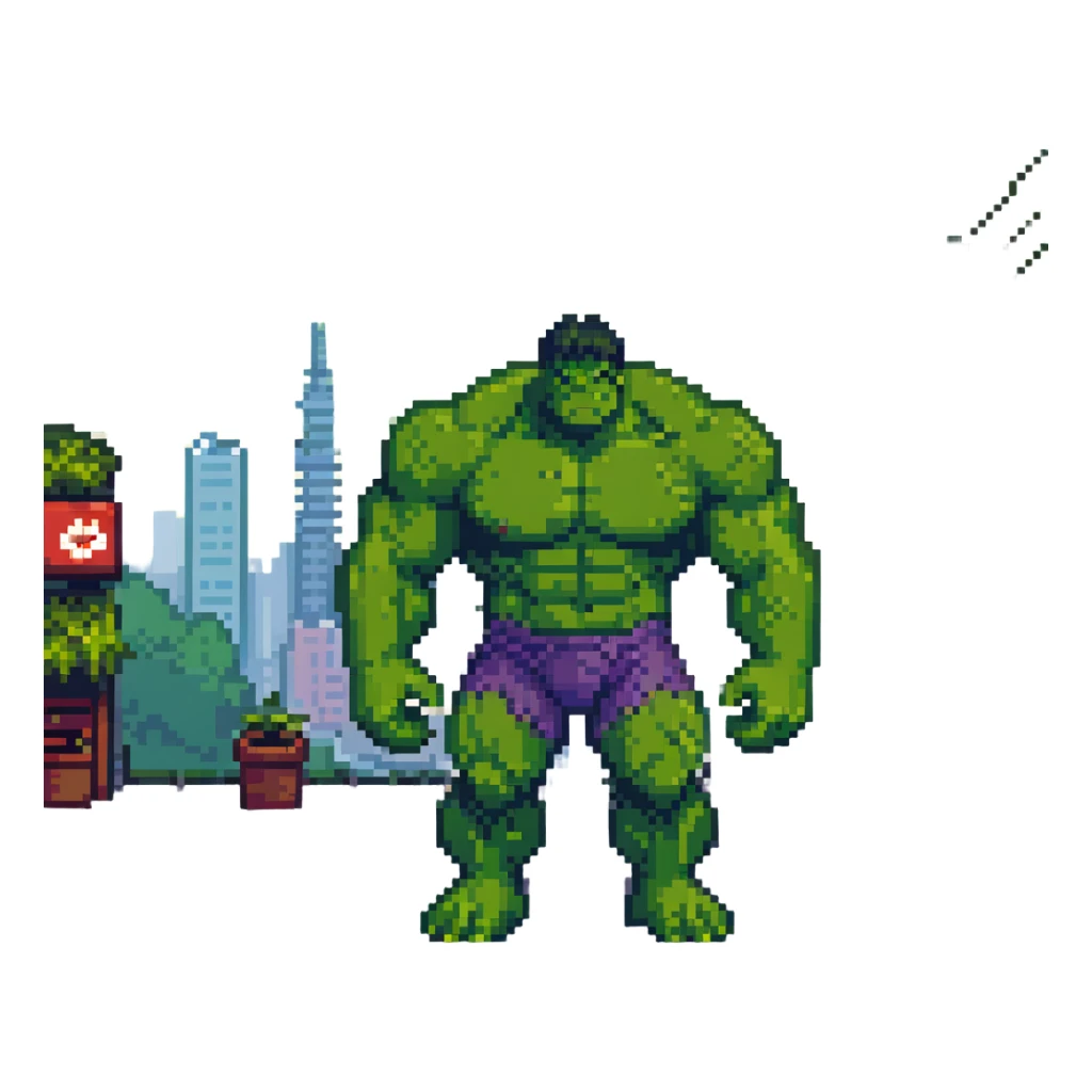 Hulk standing in a Japanese city, pixel art style sticker