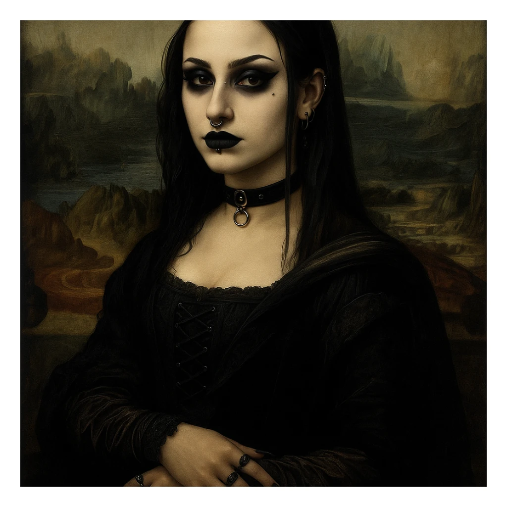 Mona Lisa reimagined as a goth, piercings, black nails, gothic vibe sticker