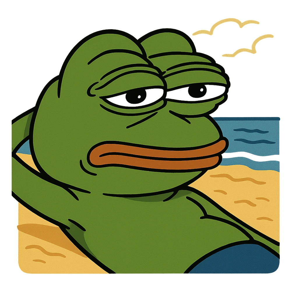 Pepe the Frog lying on the beach, transparent background, PNG sticker