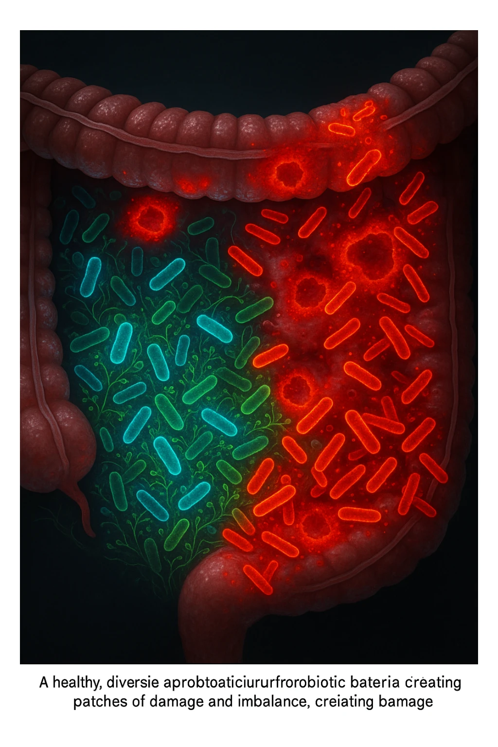 Scientific visualization of a man's intestinal lining. A healthy, diverse garden of glowing blue and green probiotic bacteria is being overtaken and outnumbered by aggressive, inflammatory red and orange pathogenic bacteria, creating patches of damage and imbalance. Dark, clinical background. sticker