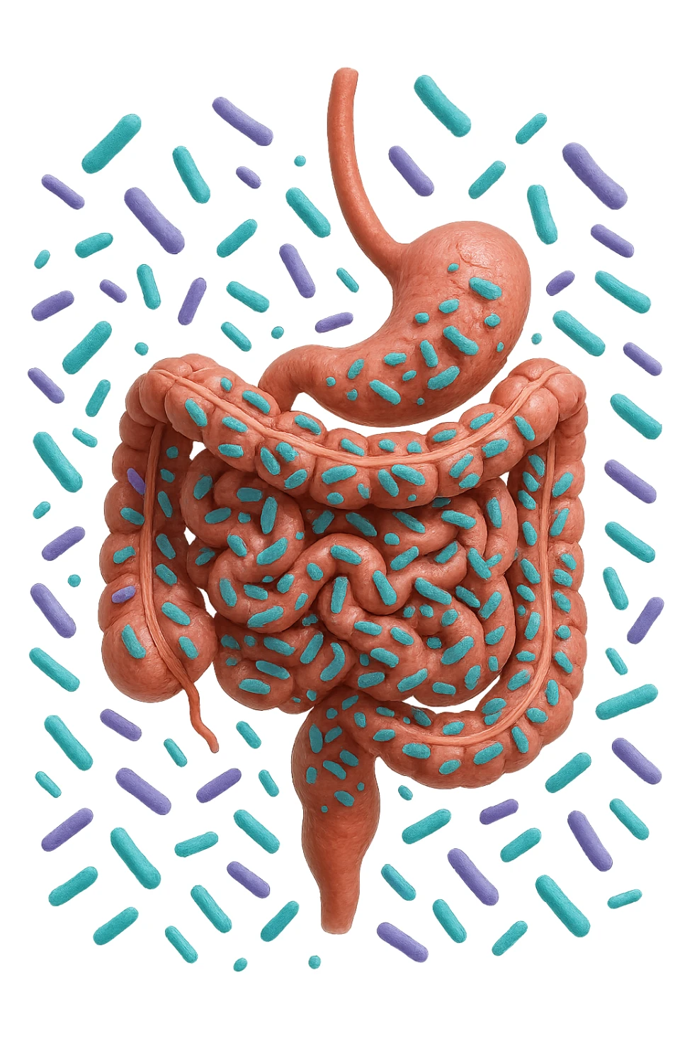 intestino umano anatomico realistico pieno di batteri intestinali viola e turchesi che gli fluttuano intorno, IPERREALISTICA 4K sticker