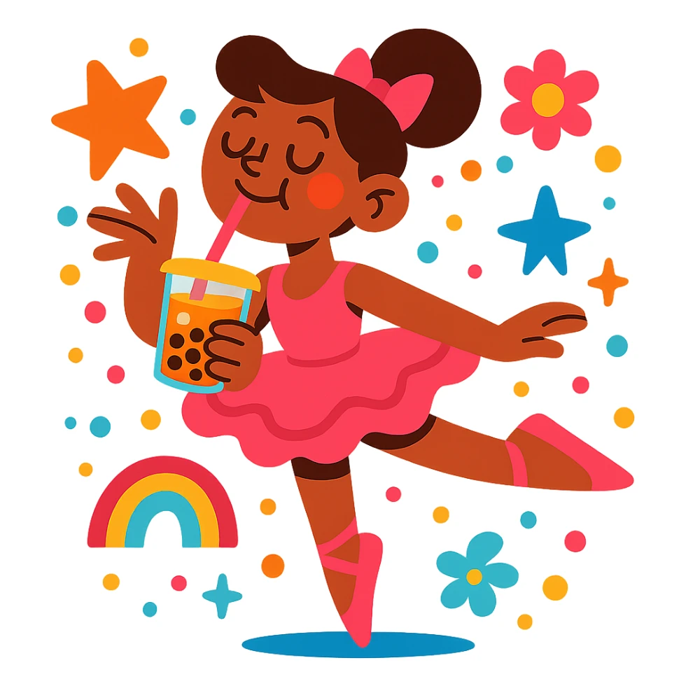 a whimsical ballerina enjoying boba, lighthearted, vibrant toon style, joyful and colorful sticker