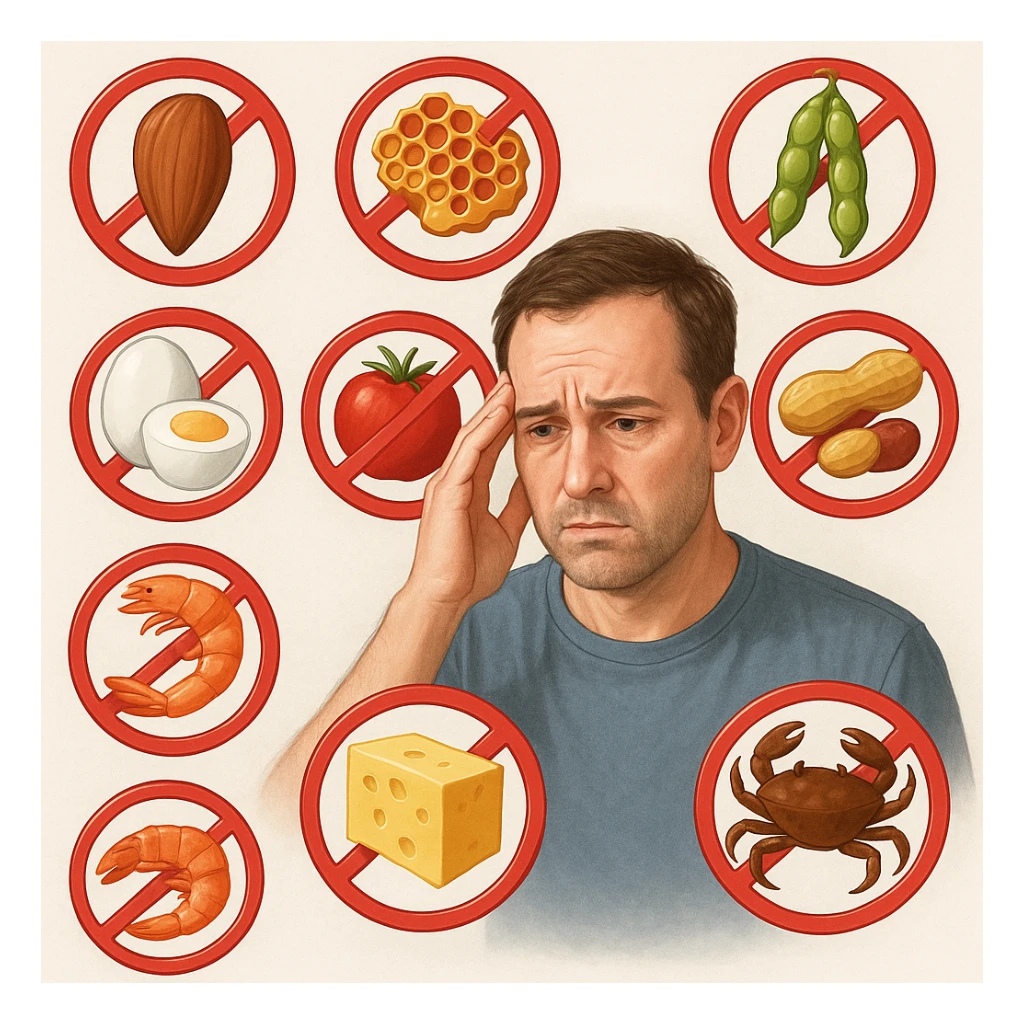 A 40-year-old man suffering from food intolerances, inspired by the reference image, with a worried expression, forbidden food symbols floating around him. Realistic or illustrative style with a light background. sticker