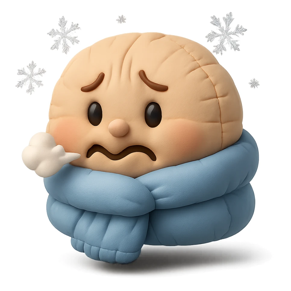 cute plush face, scarf wrapped tightly, shivering, snowflakes around, cold weather sticker