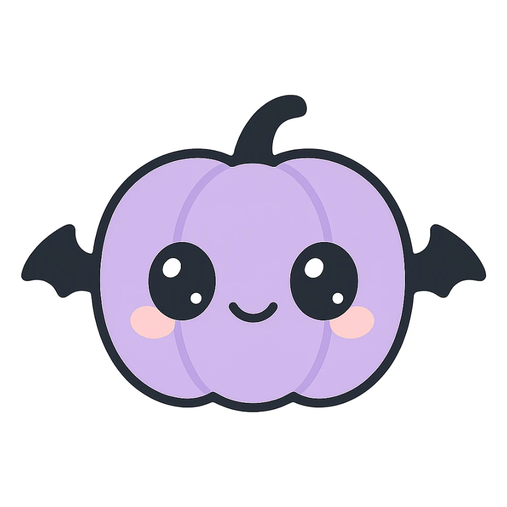 kawaii style gothic pumpkin, smiling face, black and purple, big eyes, tiny bat wings, fun and cute sticker