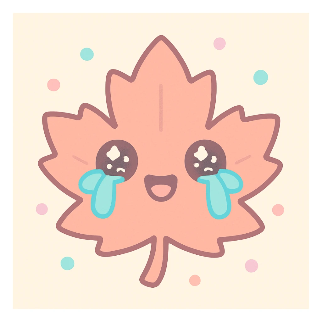 laughing maple leaf with tears coming out of eyes, kawaii style sticker