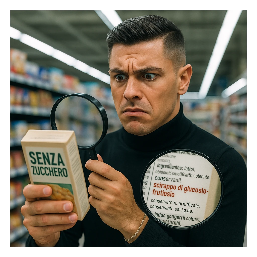Man in supermarket, holding a product labeled 'SENZA ZUCCHERO', ingredient list with 'sciroppo di glucosio-fruttosio' in bold red, confused face, floating magnifying glass, hyper-realistic, harsh fluorescent lighting. Variant 7. sticker