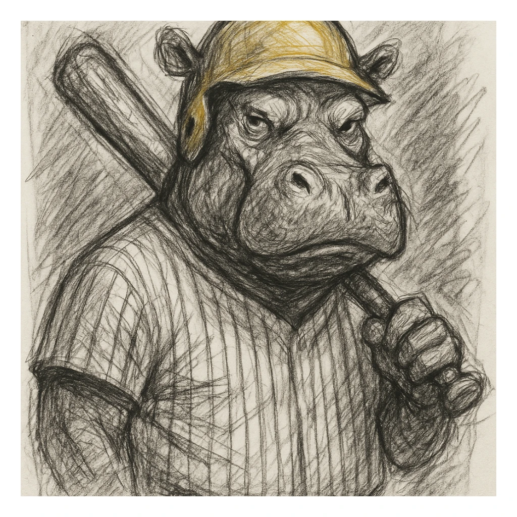 hippo holding a baseball bat, wearing a yellow helmet, pinstripes outfit sticker