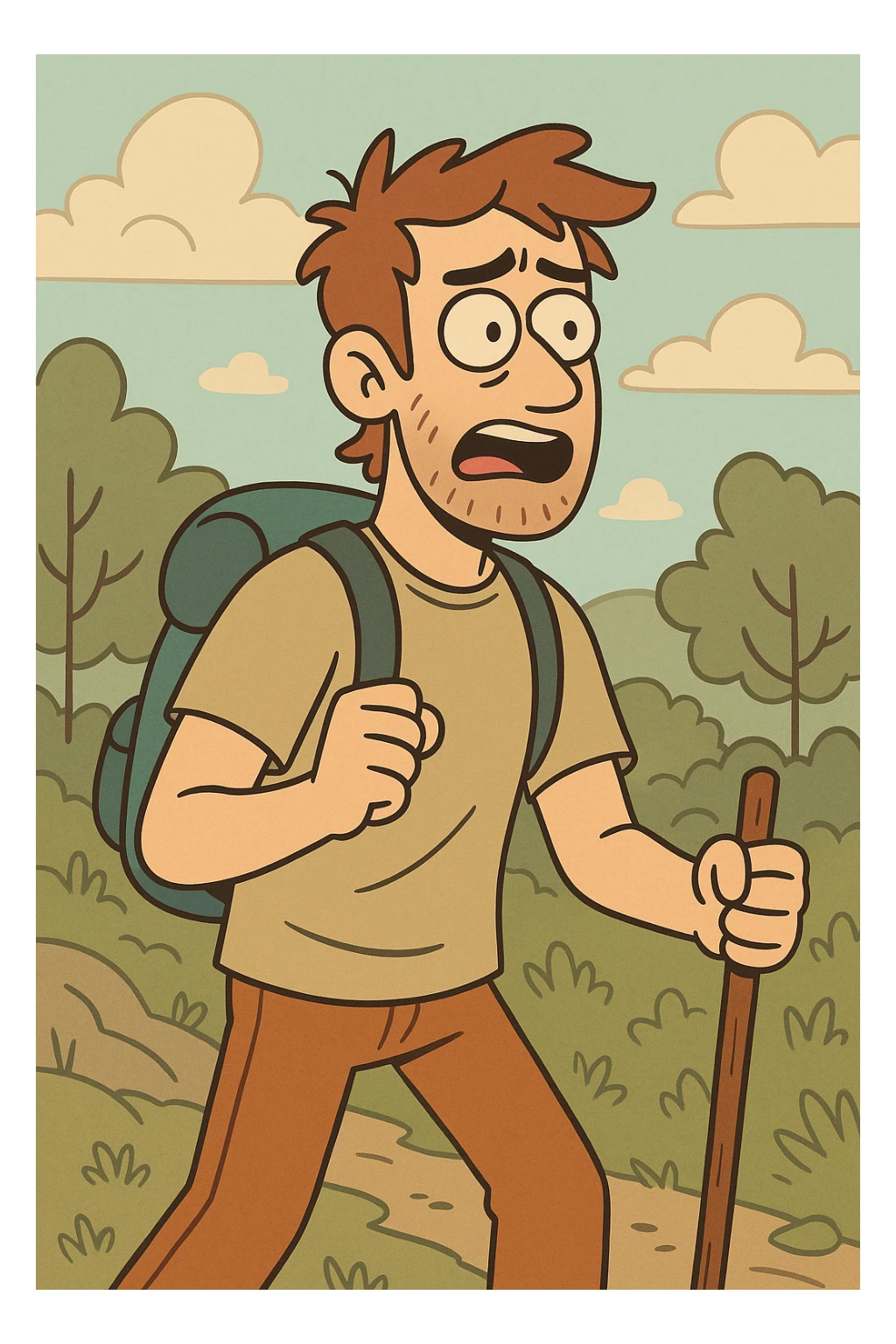 a small backpack for hiking, simple and practical, outdoorsy feel, flat toon style illustration sticker