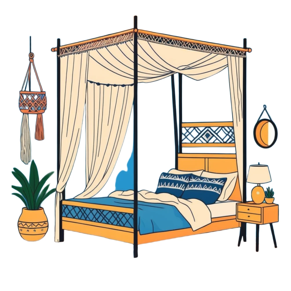 cozy boho bedroom with canopy bed, macramé wall hangings, and warm lighting sticker