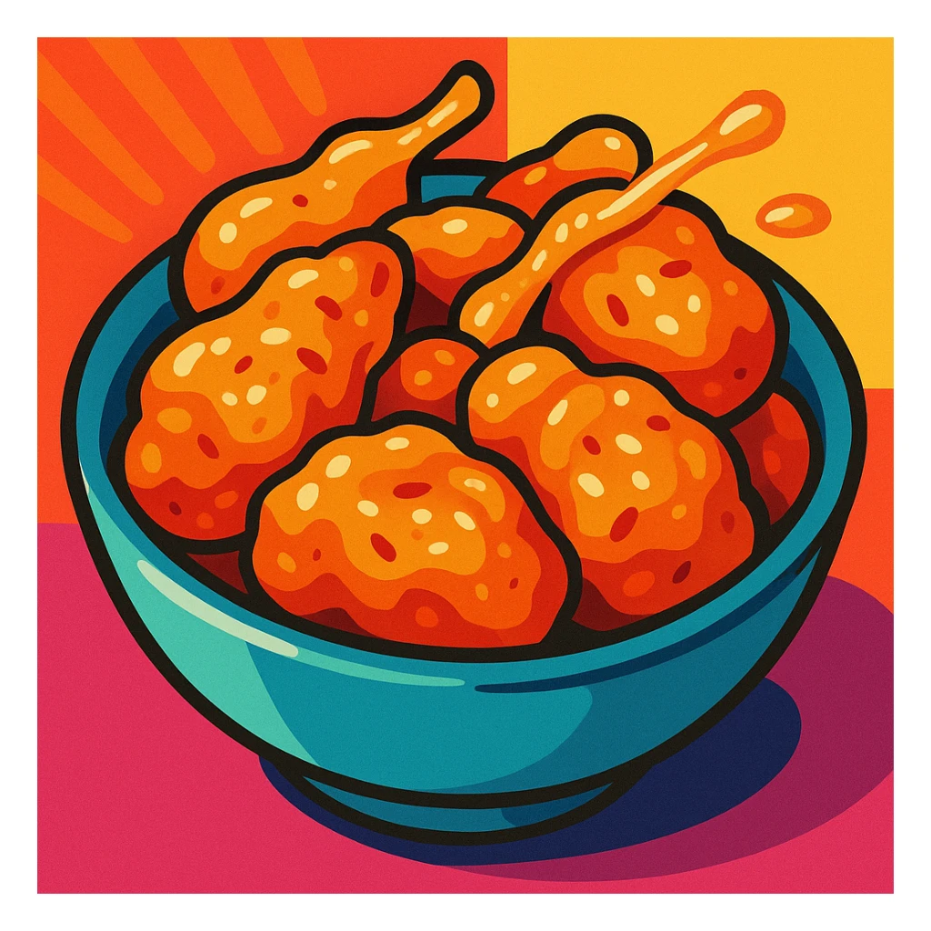 honey chicken, appetizing, golden brown, glazed, in a bowl, food illustration, vibrant toon style sticker
