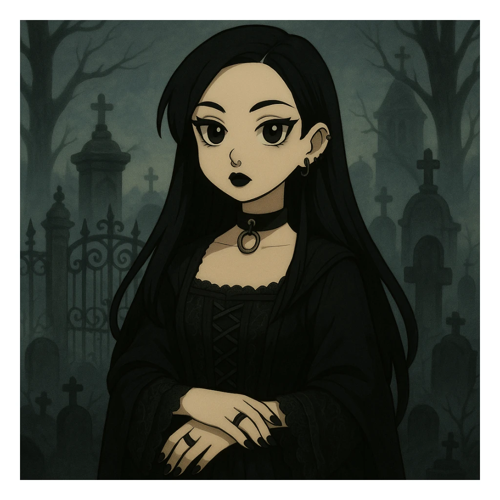 Add a gothic background with a graveyard, wrought iron gates, and mist. Keep Mona Lisa goth with piercings and black nails, maintaining the gothic style. sticker