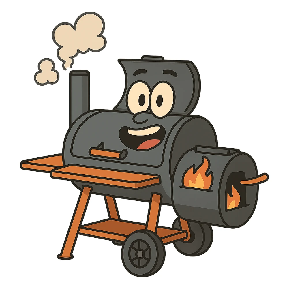 cartoon style bbq smoker with exaggerated features, smoke puffs, bright colors, no background sticker