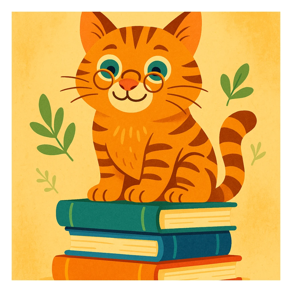 a wise old tabby cat wearing tiny reading glasses, sitting atop a stack of books, whimsical storybook style sticker