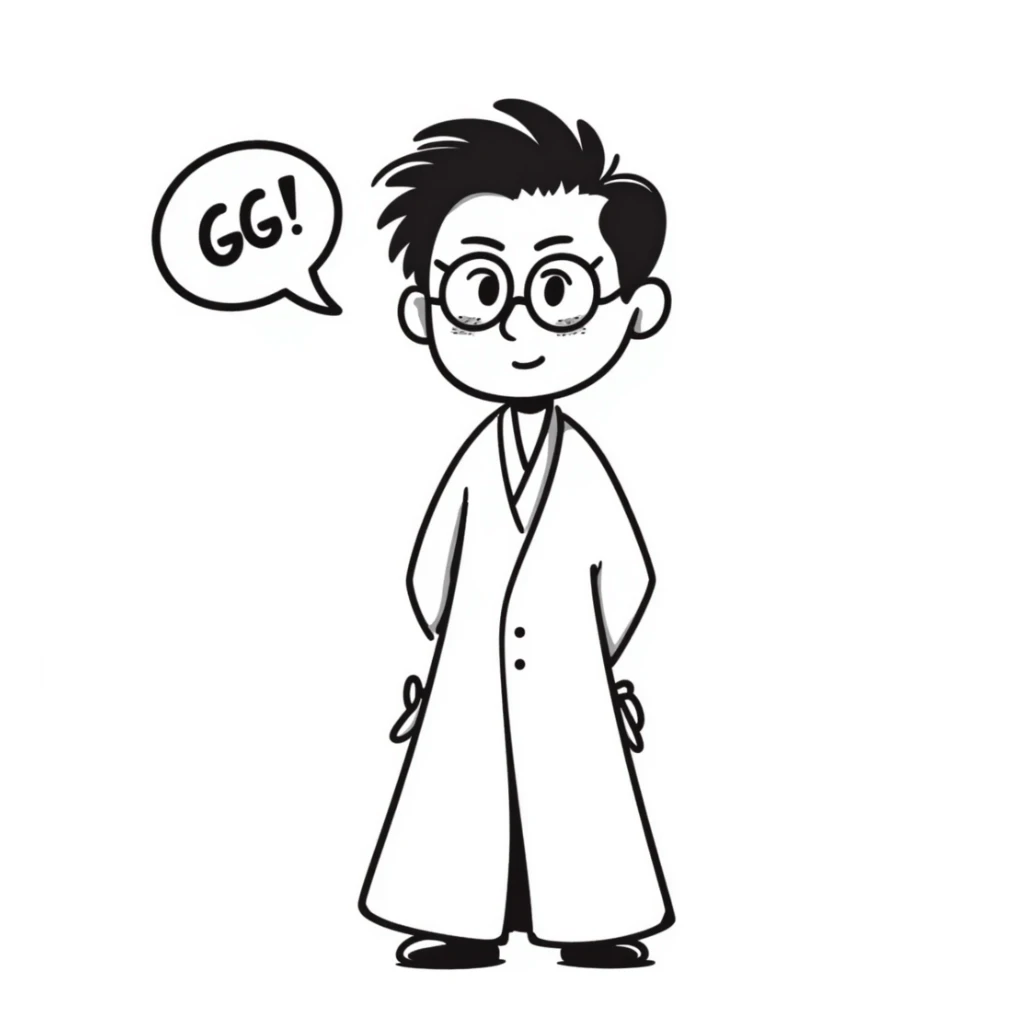 chibi Aizen, Bleach, big head, tiny body, sly smile, 'GG' in a speech bubble, white robe, brown slicked-back hair, glasses, hands behind back, cute and playful chibi style sticker