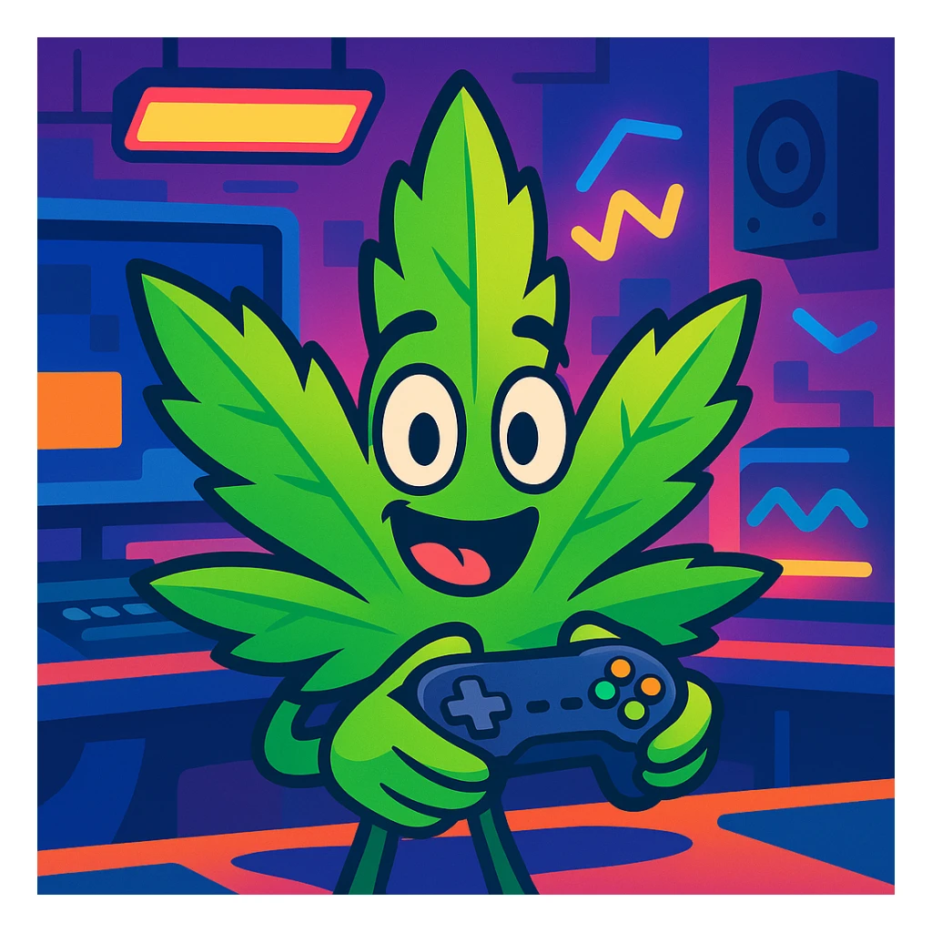 cartoon marijuana leaf with a playful face holding a video game controller in a vibrant streaming setup sticker