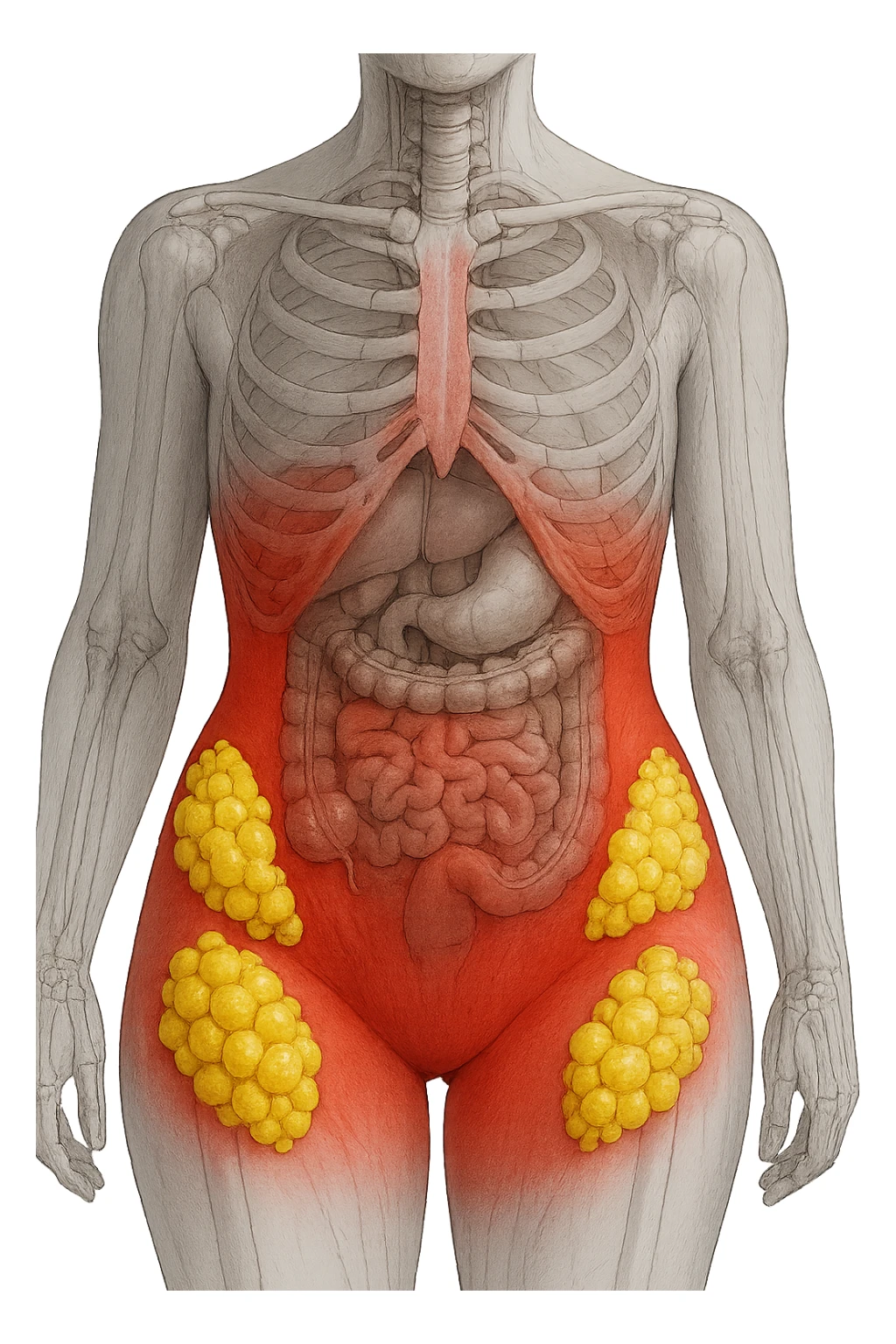 corpo umano anatomico con addome e fianchi segnati in rosso, grappoli di cellule adipose gialle su fianchi e addome sticker