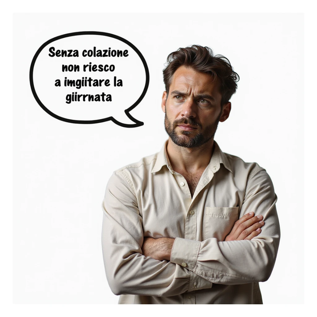 hyperrealistic 4K man isolated on white background, speech bubble saying 'Senza colazione non riesco a iniziare la giornata', convinced expression, realistic details, natural pose, variant 1 sticker