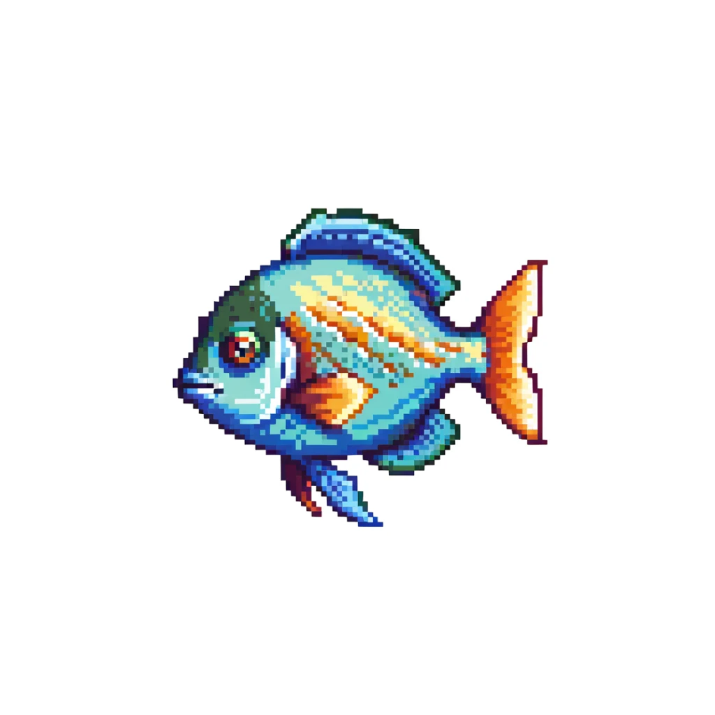 Tropical colorful fish for Minecraft inventory, eye pointing down-left at 45-degree angle, square texture, pixel art game asset sticker