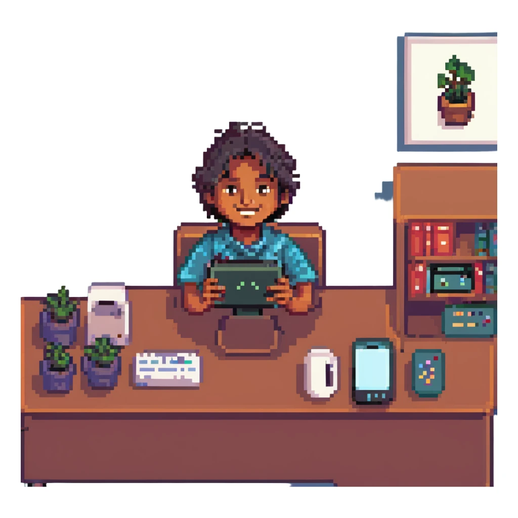 Indian boy hacker with a mischievous smile holding a smartphone sitting at a desk with a monitor, pixel art style sticker