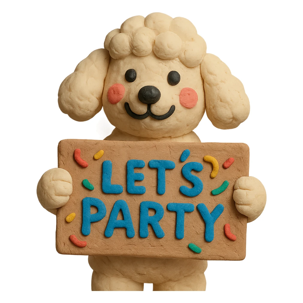 smiling poodle holding a confetti sign board with the text "Let's Party", cheeks blushing, claymation style sticker