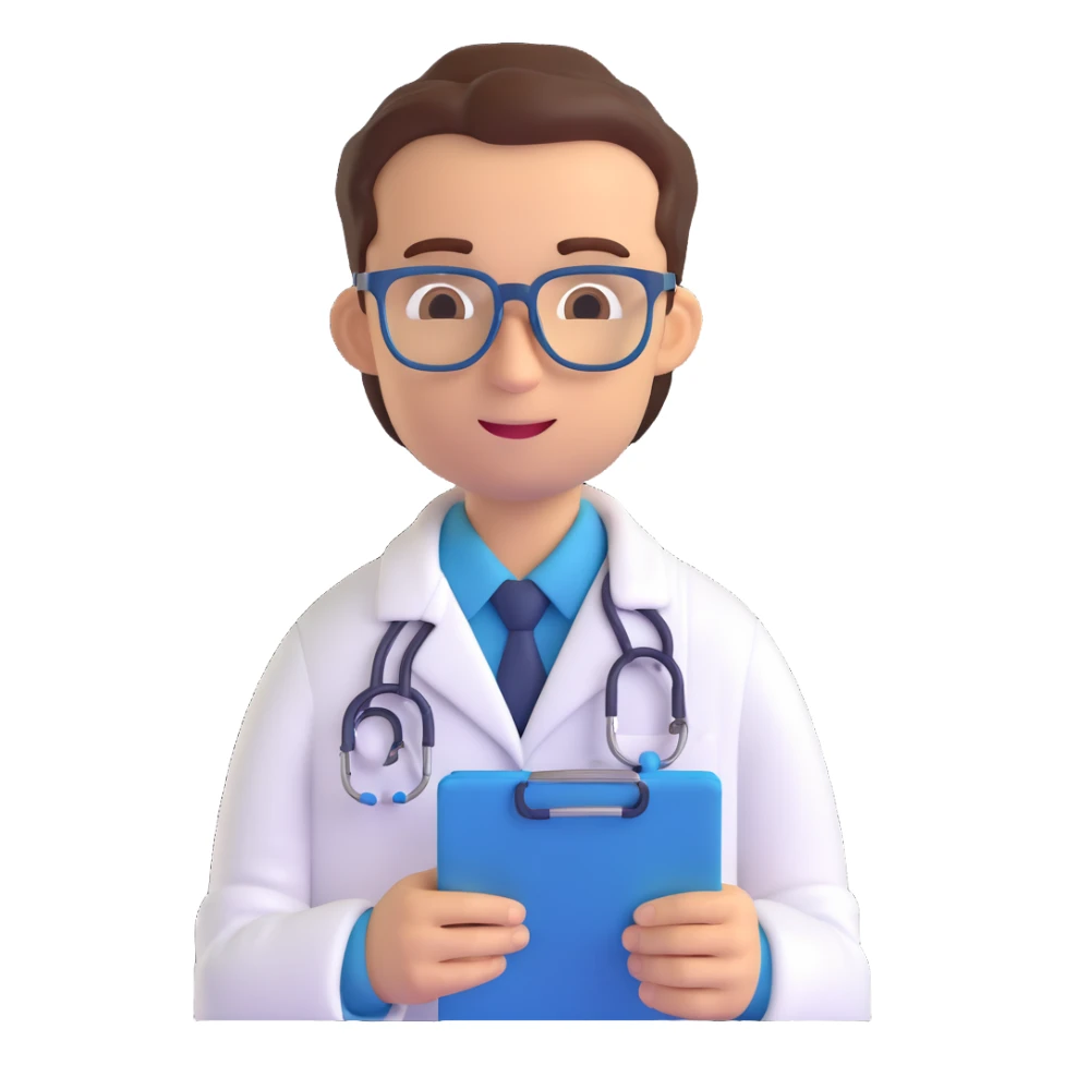 doctor emoji, male, glasses, with medical chart sticker