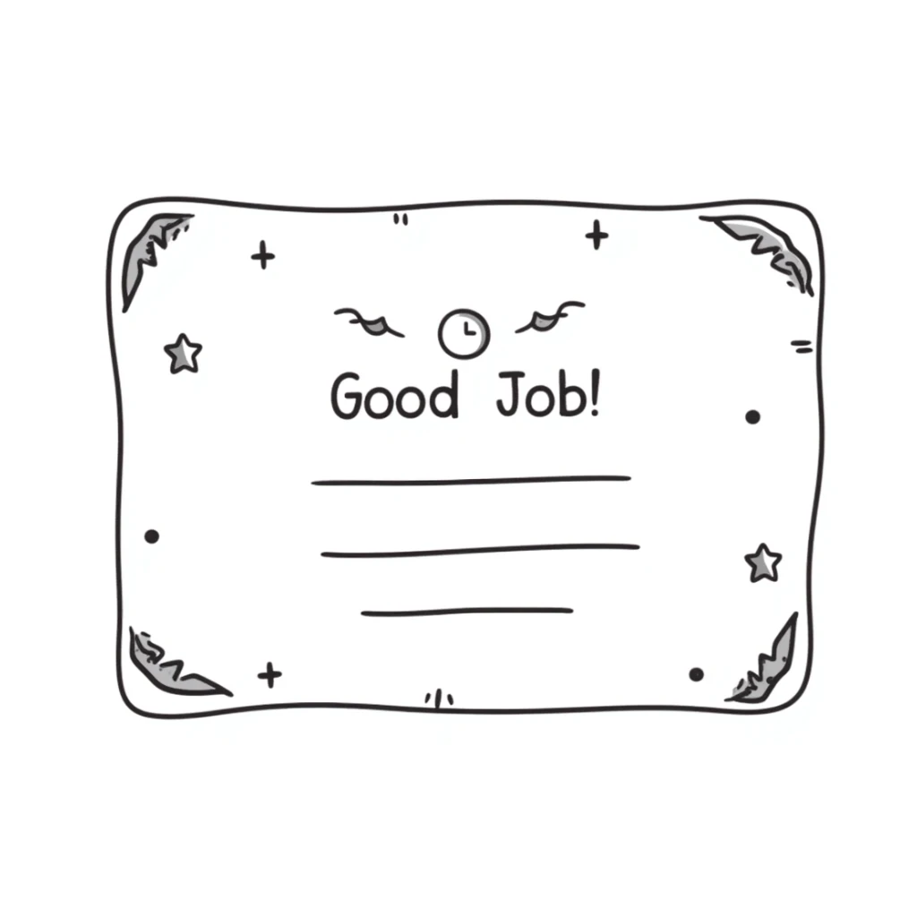Certificate with decorative border, "Good Job!" text in the center, and stars scattered around the edges sticker