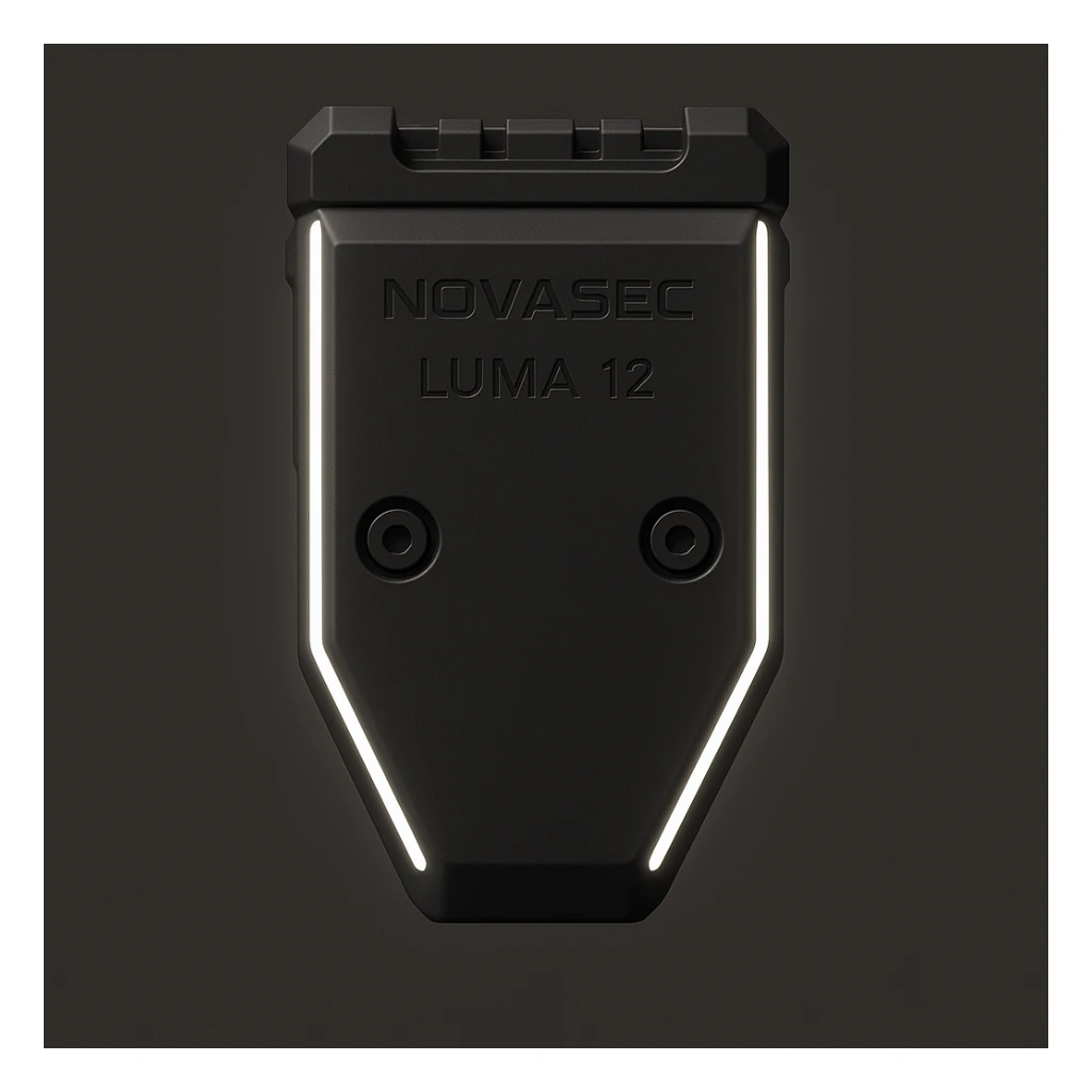 Add a thin white LED light strip along each side of the device, keeping the rest of the design unchanged. Maintain the technical, orthographic back view of the NOVASEC LUMA 12 underbarrel attachment in a detailed, technical style. sticker