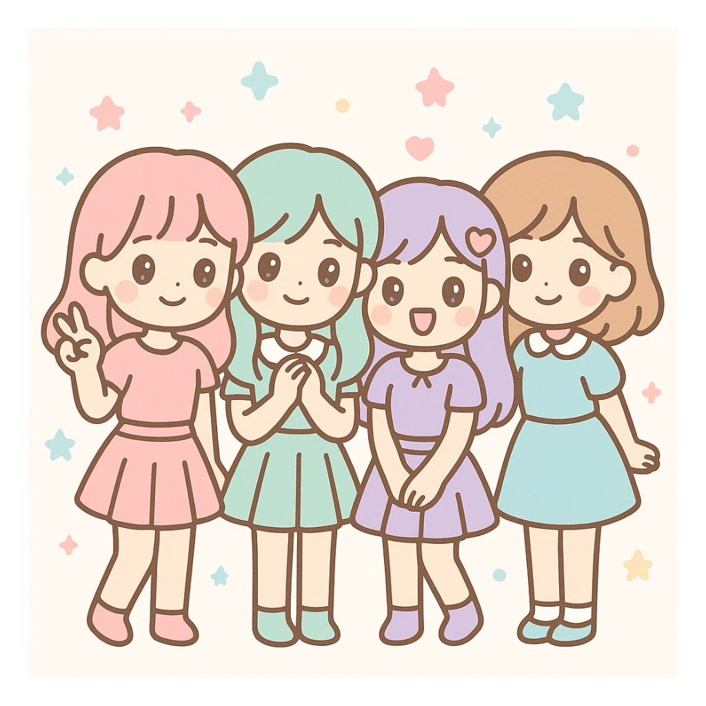 a kpop group, pastel coordinated outfits, cute pose, kawaii style sticker
