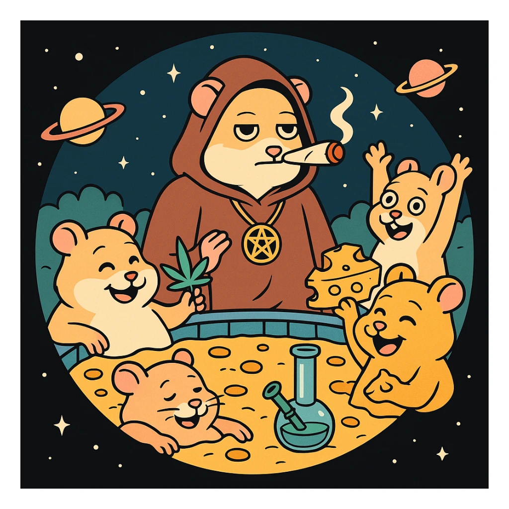 circular Discord server icon, centered composition of a hamster cult weed and cheese pool party at night, 80s cartoon style, bold outlines, bright colors, space backgrounds sticker